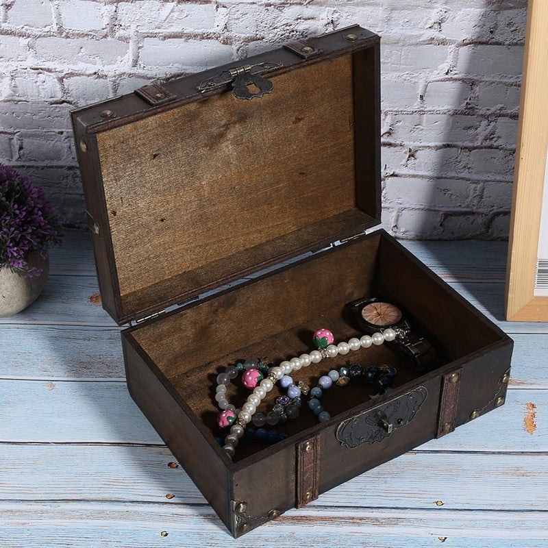 woobles Vintage Wooden Storage Box, Desktop Storage Boxes Decorative Treasure Box Jewelry Chest Metal Lock Wood Storage Decorative Keepsake Chests Box - 9.25x6.30x3.74inch(Gray + Lock) - Image 5